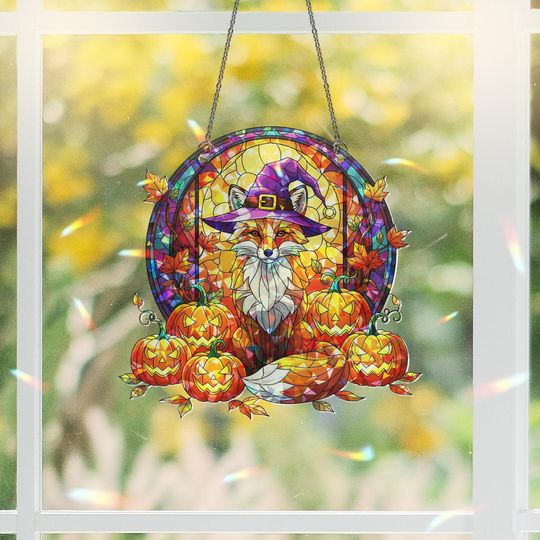 Discover Holographic Fox Witch Suncatcher: Fall Pumpkin Jack-o'-Lantern Window Decor