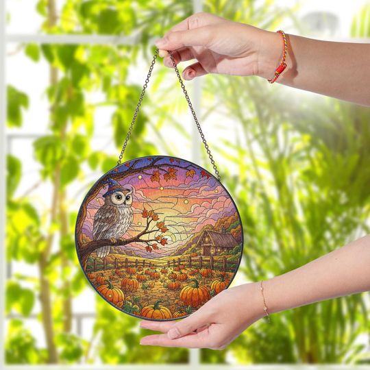 Discover Autumn Owl Pumpkin Stained Glass Sun Catcher Fall Farm Window Decor Gift
