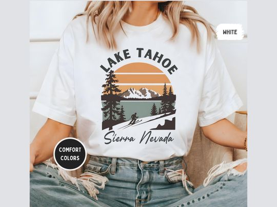 Discover Comfort Colors Lake Tahoe Sierra Nevada Skiing Unisex T-shirt, Vintage Style Tee, Mountain Adventure Shirt, Ski Resort Apparel, Outdoor