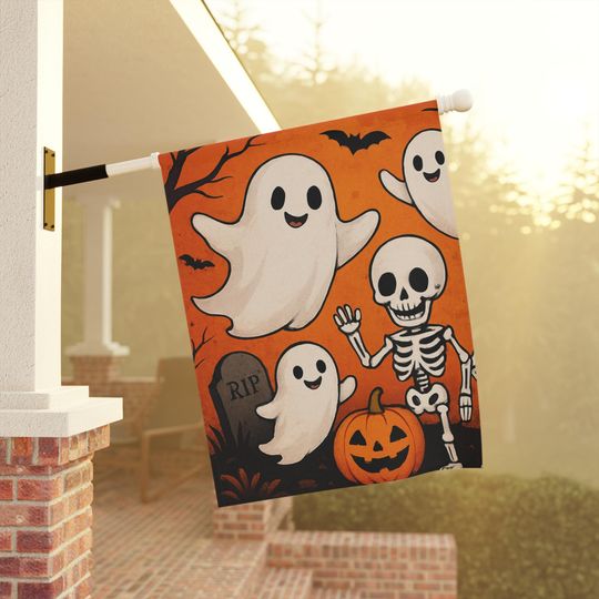 Discover Halloween Dancing Ghosts and Skeletons Garden Flag Spooky Primitive Halloween Decorations Art House Banner Exterior Decor Scary Holiday