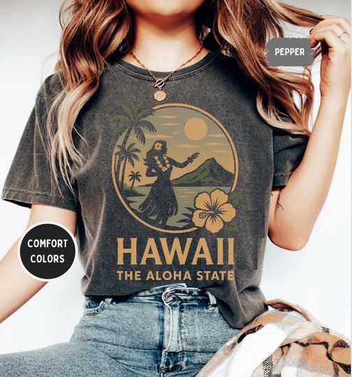 Hawaii Shirt, The Aloha State Hula Dancer & Hibiscus Shirt, Volcano Sunset Tee