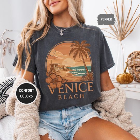 Discover Vintage Venice Beach Comfort Colors 1717 Unisex T-shirt, Retro Tee, Faded Graphic Shirt, Soft Distressed Top, Beach Lover Gift