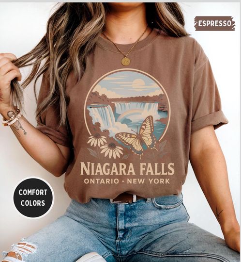 Niagara Falls Shirt, Ontario New York Waterfall with Butterfly & Wildflowers, Retro Travel Souvenir Tee