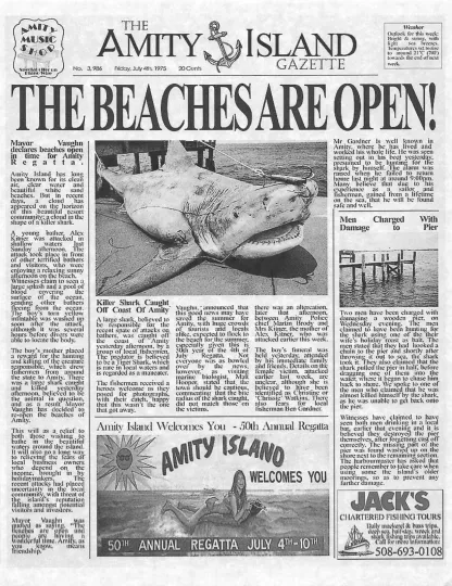 1975 Jaws Amity Island Gazette Poster Vertical Premium Matte Great White Shark Wall Art