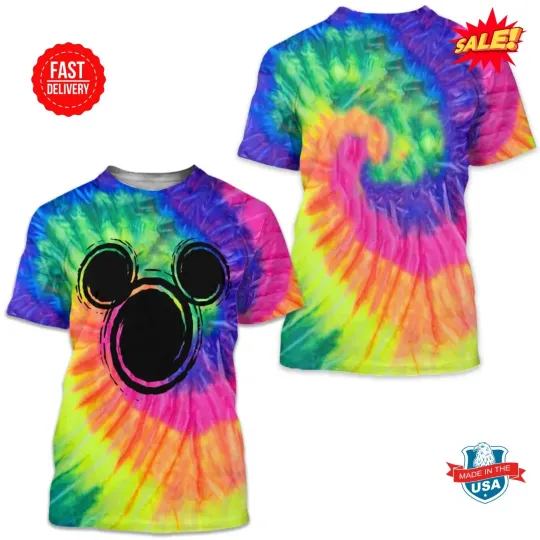 Tie Dye Mickey Mouse Head Shirt, Mickey Mouse Colorful Family Matching 3D Tee