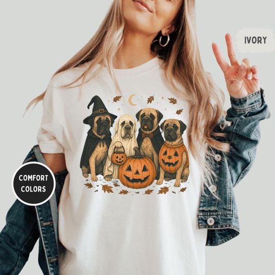 Discover Vintage Comfort Colors English Mastiff Halloween Shirt - Pumpkin Dog Lover Tee, Spooky Season Mastiff Graphic | Unisex Relaxed T-Shirt