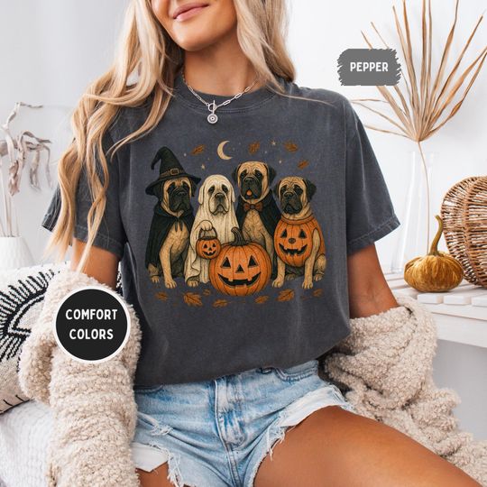 Discover Vintage Comfort Colors English Mastiff Halloween Shirt - Pumpkin Dog Lover Tee, Spooky Season Mastiff Graphic | Unisex Relaxed T-Shirt