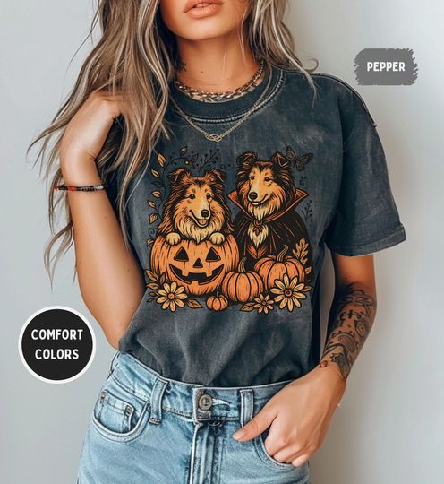 Discover Vintage Comfort Colors Rough Collie Halloween Shirt - Pumpkin Dog Lover Tee, Spooky Season Collie Graphic | Unisex Relaxed T-Shirt