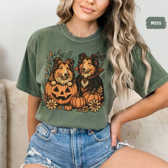 Discover Vintage Comfort Colors Rough Collie Halloween Shirt - Pumpkin Dog Lover Tee, Spooky Season Collie Graphic | Unisex Relaxed T-Shirt