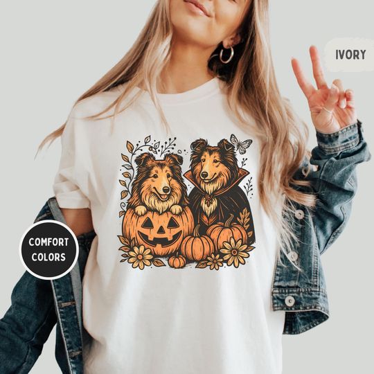 Discover Vintage Comfort Colors Rough Collie Halloween Shirt - Pumpkin Dog Lover Tee, Spooky Season Collie Graphic | Unisex Relaxed T-Shirt