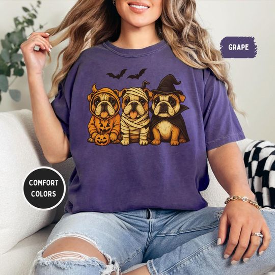 Discover Comfort Colors Pug Halloween Shirt - Witch, Ghost & Pumpkin Dog Lover Tee, Spooky Season Bulldog Graphic | Unisex Relaxed T-Shirt