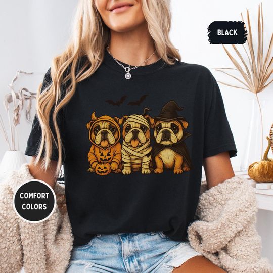 Discover Comfort Colors Pug Halloween Shirt - Witch, Ghost & Pumpkin Dog Lover Tee, Spooky Season Bulldog Graphic | Unisex Relaxed T-Shirt