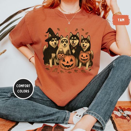Discover Comfort Colors Husky Halloween Shirt - Witch, Ghost & Pumpkin Dog Lover Tee | Spooky Season Siberian Husky Graphic | Unisex Relaxed T-Shirt