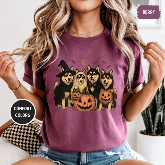 Discover Comfort Colors Husky Halloween Shirt - Witch, Ghost & Pumpkin Dog Lover Tee | Spooky Season Siberian Husky Graphic | Unisex Relaxed T-Shirt
