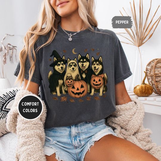 Husky Halloween Shirt, Witch, Ghost & Pumpkin Dog Lover Tee, Spooky Season Siberian Husky T-Shirt