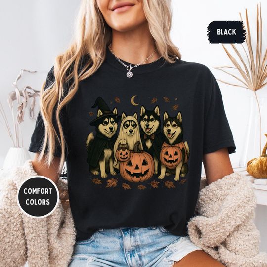 Discover Comfort Colors Husky Halloween Shirt - Witch, Ghost & Pumpkin Dog Lover Tee | Spooky Season Siberian Husky Graphic | Unisex Relaxed T-Shirt