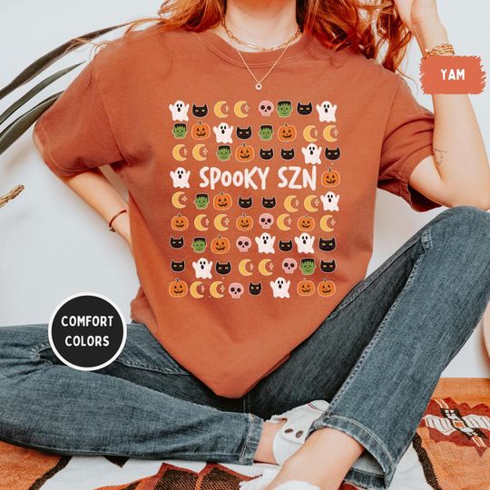 Spooky SZN Halloween Shirt, Cute Ghost Pumpkin Moon Tee, Retro Vintage Ghost