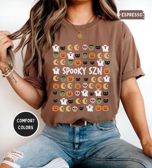 Spooky SZN Halloween Shirt, Cute Ghost Pumpkin Moon Tee, Retro Vintage Ghost