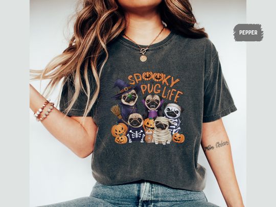 Discover Funny Pug dog Halloween Comfort Colors Shirt Pumpkin Tshirt Spooky pug dog T shirt Pug dog Mom gift pug Lover gift Spooky pugs tee Pug owner