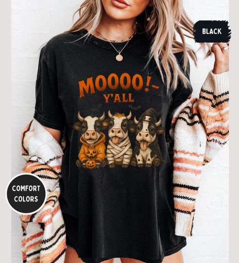 Discover Cow Halloween Shirt - "Moooo Y'all" Funny Southern Farm Tee, Cute Cow Trio Costumes, Fall Graphic, Comfort Colors 1717 Unisex T-Shirt