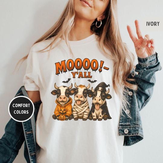 Discover Cow Halloween Shirt - "Moooo Y'all" Funny Southern Farm Tee, Cute Cow Trio Costumes, Fall Graphic, Comfort Colors 1717 Unisex T-Shirt