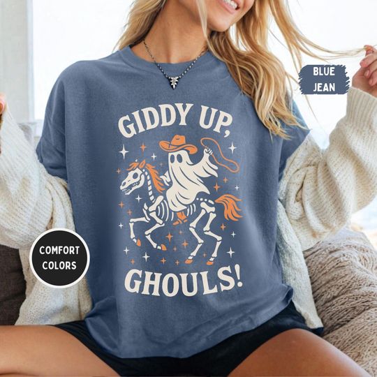 Discover Western Halloween Cowboy Ghost Shirt - Giddy Up, Ghouls, Skeletal Horse Vintage Tee, Comfort Colors 1717 Spooky Fall Graphic, Fall gifts