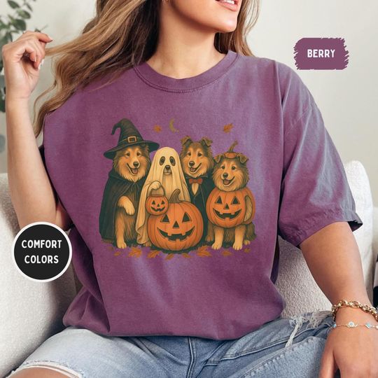 Discover Retro Funny Rough Collie Halloween T-shirt, Vintage Dog Lover Tee, Funny Collie Shirt, Comfort Colors Halloween Shirt, Unisex Garment-Dyed