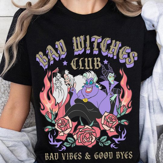 Retro Ursula Maleficent And Cruella Graphic Halloween T-Shirt, Funny Bad Witches Club Shirt, Bad Vibes & Good Byes Tee, Disney Villains Tee
