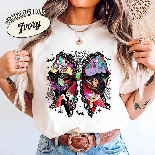 Discover Retro Preppy Coquette Villains Halloween Shirt, Disneyland Villains Shirt, Bad Witches Club Shirt, Maleficent Evil Queen Cruella De Vil Tee