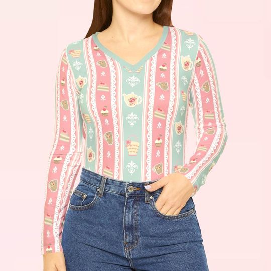 Charming Garden Tea Party Womens Long Sleeve Vneck Shirt