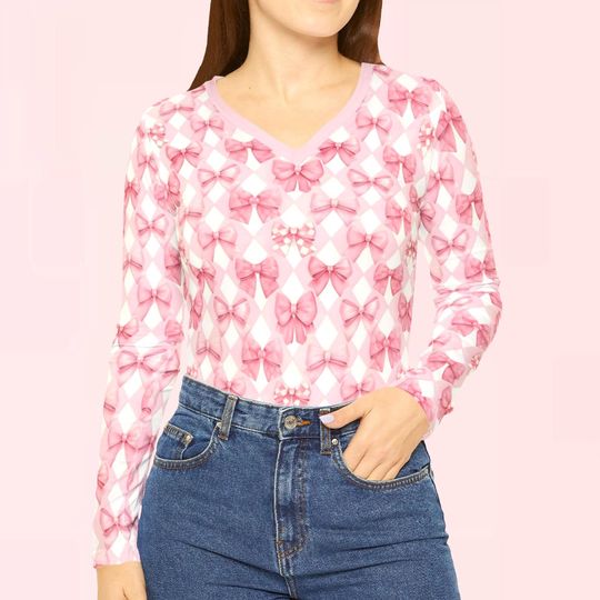 Coquette Harlequin Bows Womens Long Sleeve Vneck Shirt