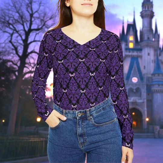 Haunted Mansion Damask Womens Long Sleeve Vneck Shirt