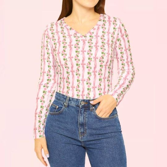 Coquette Ribbons n Roses Women Long Sleeve Vneck Shirt