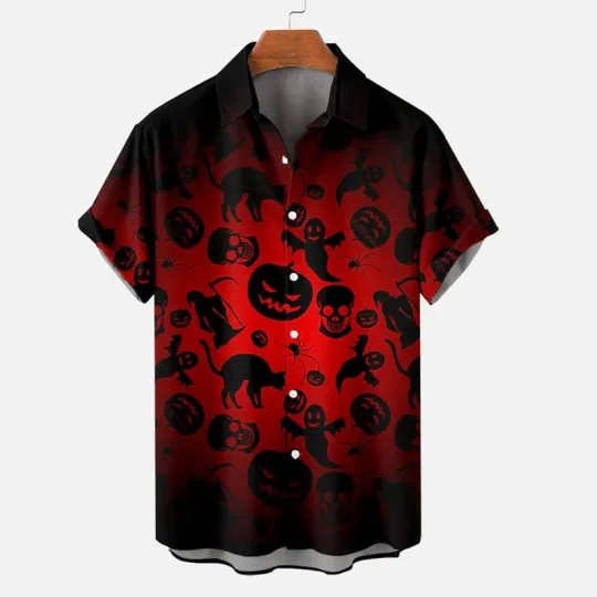 Halloween Black Cat and Pumpkin Skull Gradient Hawaiian Style Shirt