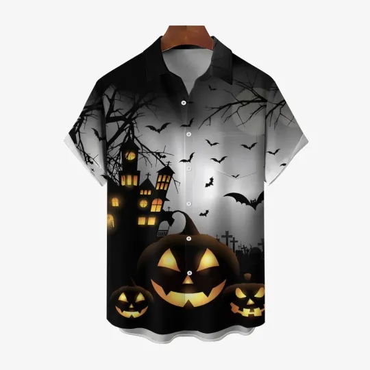 Halloween Spooky Pumpkin Bat Pocket Short Sleeve Hawaiian Shirt