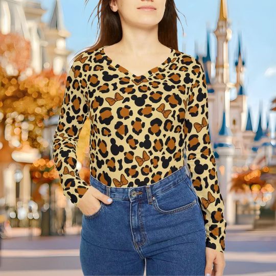 Disney Minnie Mouse Leopard Womens Long Sleeve Vneck Shirt