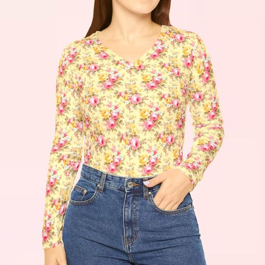 Cottagecore Roses Womens Long Sleeve Vneck Shirt