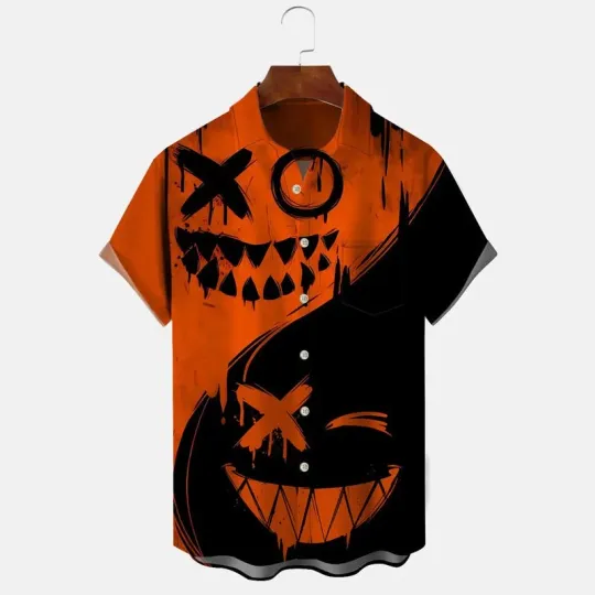 Discover Mens Halloween Pumpkin Button Casual Short Sleeve Shirt