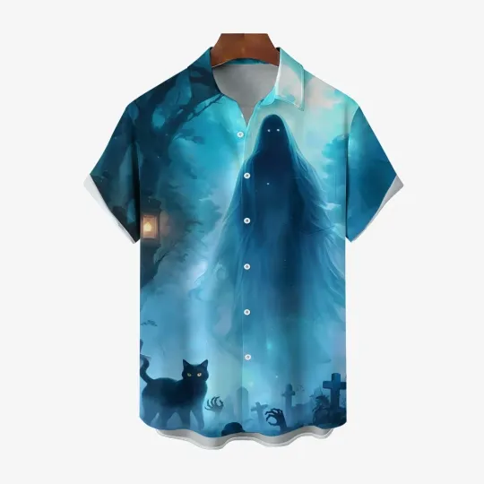 Discover Halloween Grim Reaper Ghost And Black Cat Short Sleeve Shirt 2408006954