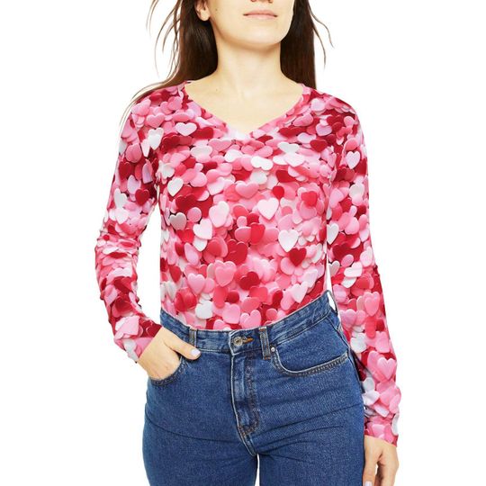 Valentines Day Heart Confetti Womens Long Sleeve Vneck Shirt
