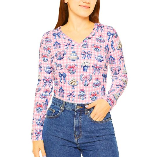 Grandmillennial Toile Minnie Womens Long Sleeve Vneck Shirt