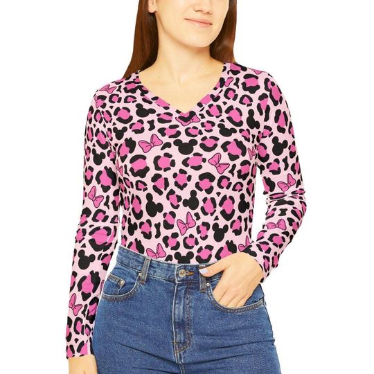 Discover Minnie Mouse Leopard Print Pink Black Womens Long Sleeve Vneck Shirt | disney world disneyland 80s 90s Y2K gyaru cheetah tshirt clothes