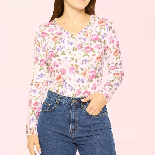 Beautiful Life Floral Womens Long Sleeve Vneck Shirt