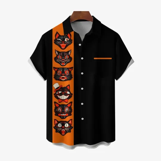 Discover Halloween Black Cat Large Size Short Sleeve Hawaiian Shirt