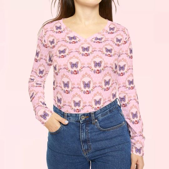 Charming Nature Butterfly Womens Long Sleeve Vneck Shirt