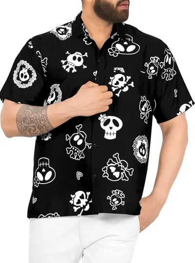 Discover Skeleton Print Halloween Hawaiian Shirt