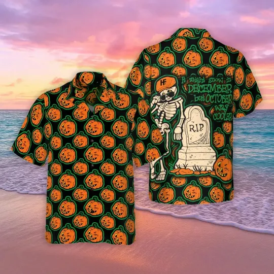 Discover Halloween Pumpkin And Skeleton Hawaiian Shirt