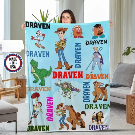 Disney Toy Story Cartoon Characters Blue Background Customize Fleece Blanket