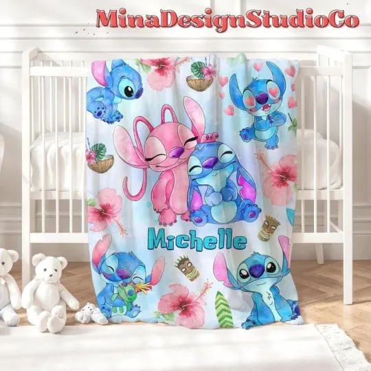 Disney Stitch Couple Stitch Angel Birthday Watercolor Customize Fleece Blanket
