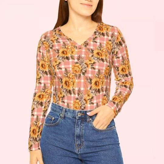 Autumn Mauve Plaid Sunflowers Women Long Sleeve Vneck Shirt
